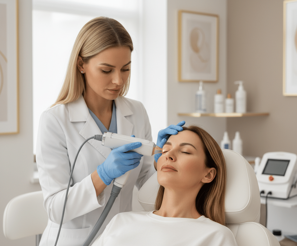 A professional and a patient getting an eyelid lift non-surgery